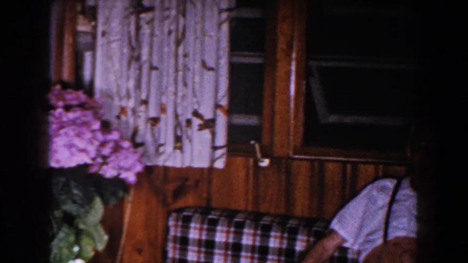 Living room detail with purple flowers, white patterned curtains, wood paneling, and plaid upholstery in Brighton, Michigan archival footage.