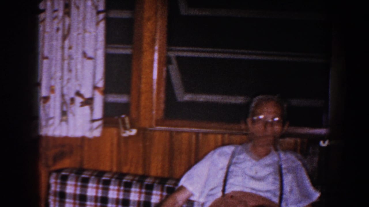 Older man sits on a plaid couch inside a Brighton, Michigan home, with wood paneling, curtained windows, and warm indoor light.