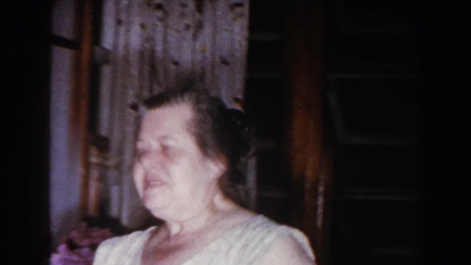 Older woman stands in profile near the couch in the Brighton, Michigan home, framed by dark windows, curtains, and wood paneling.