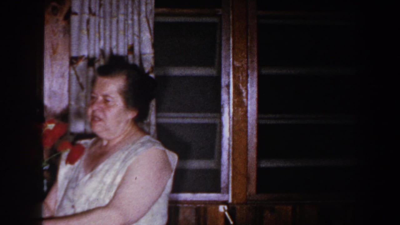In a 1960 Brighton, Michigan home-movie frame, an adult woman stands beside dark windows and patterned curtains.