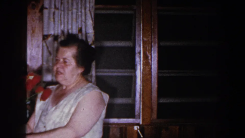 In a 1960 Brighton, Michigan home-movie frame, an adult woman stands beside dark windows and patterned curtains.