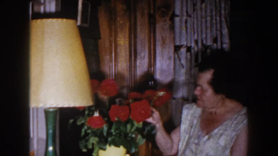 A woman reaches for or adjusts red roses near a yellow-shaded table lamp in the home interior.