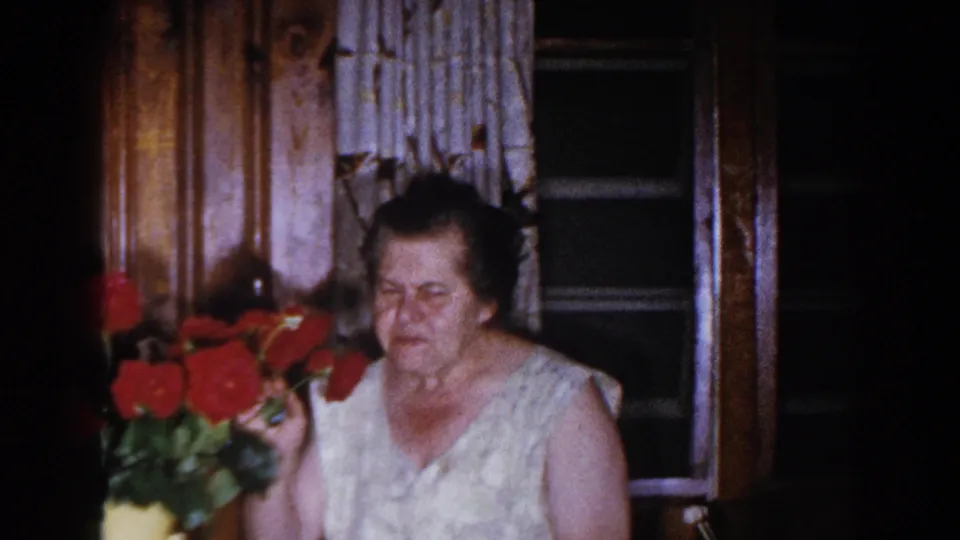 The woman holds or smells red roses beside curtained windows, with the warm 8mm interior lighting visible.