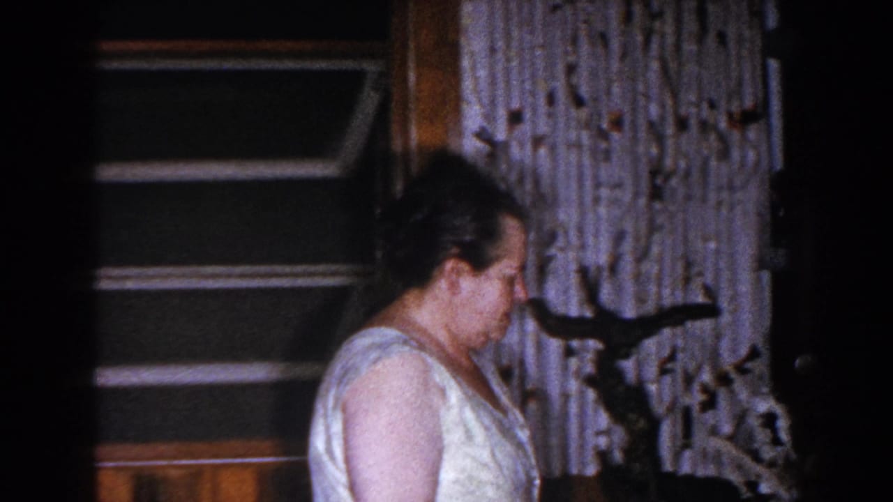 Older woman turned in profile near a window and curtains, with a dark floral shape at right.