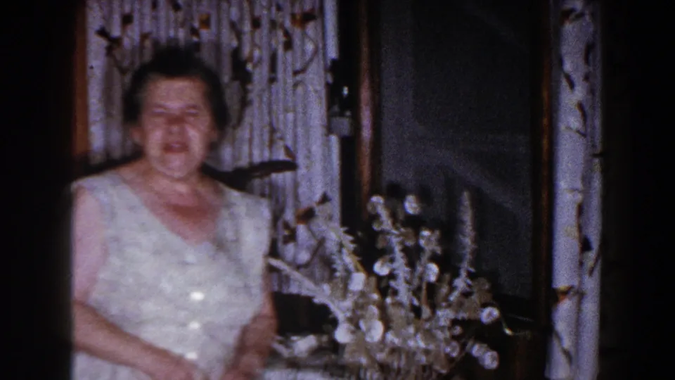 Older woman faces the camera in a dim Brighton, Michigan living room, with patterned curtains and a pale arrangement nearby.