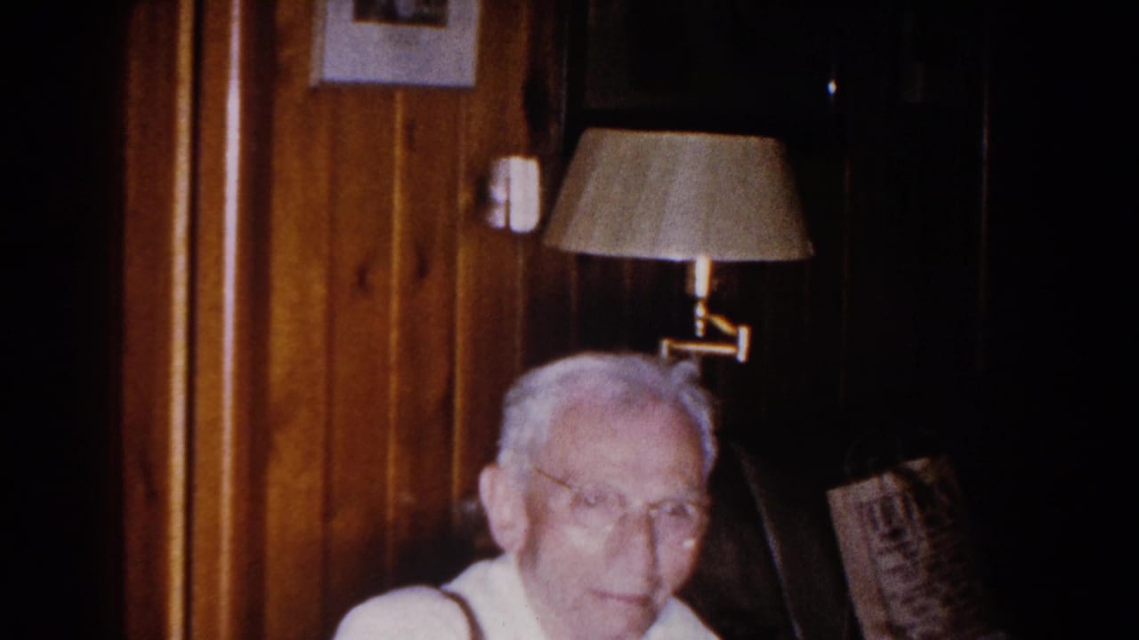 In a 1960 Brighton, Michigan home interior, an elderly man with glasses sits below a wall lamp amid wood paneling and framed pictures.