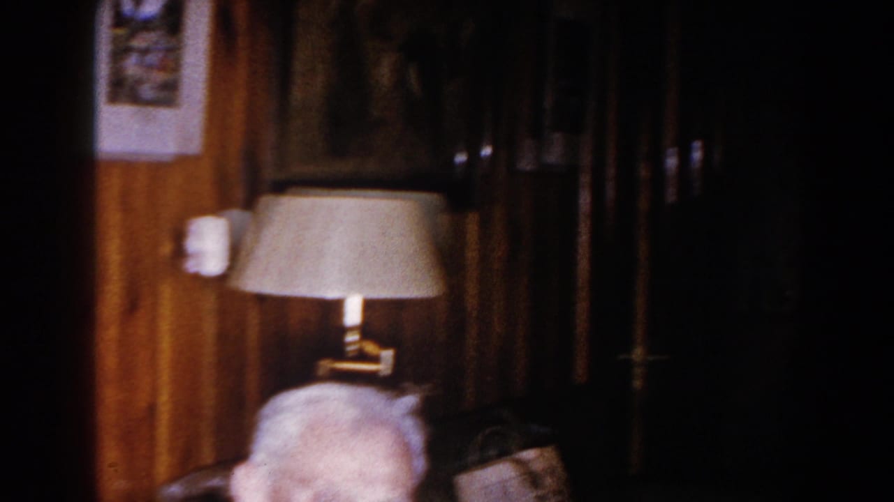 Partial view of an elderly man beneath a wall lamp in a dim wood-paneled room.