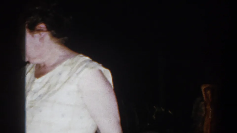 1960 Brighton, Michigan home-movie frame showing the woman near the yard fountain, with the scene darkly exposed.