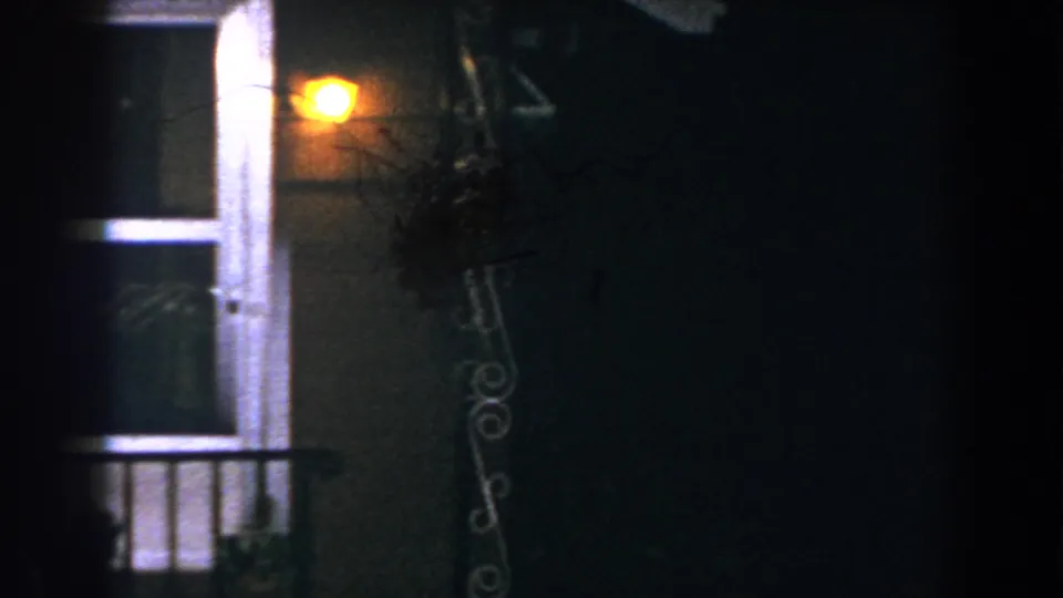 1960 Brighton, Michigan home-movie frame showing a brown house exterior at night with a white-trimmed screen door, porch light, railing, and decorative metalwork.