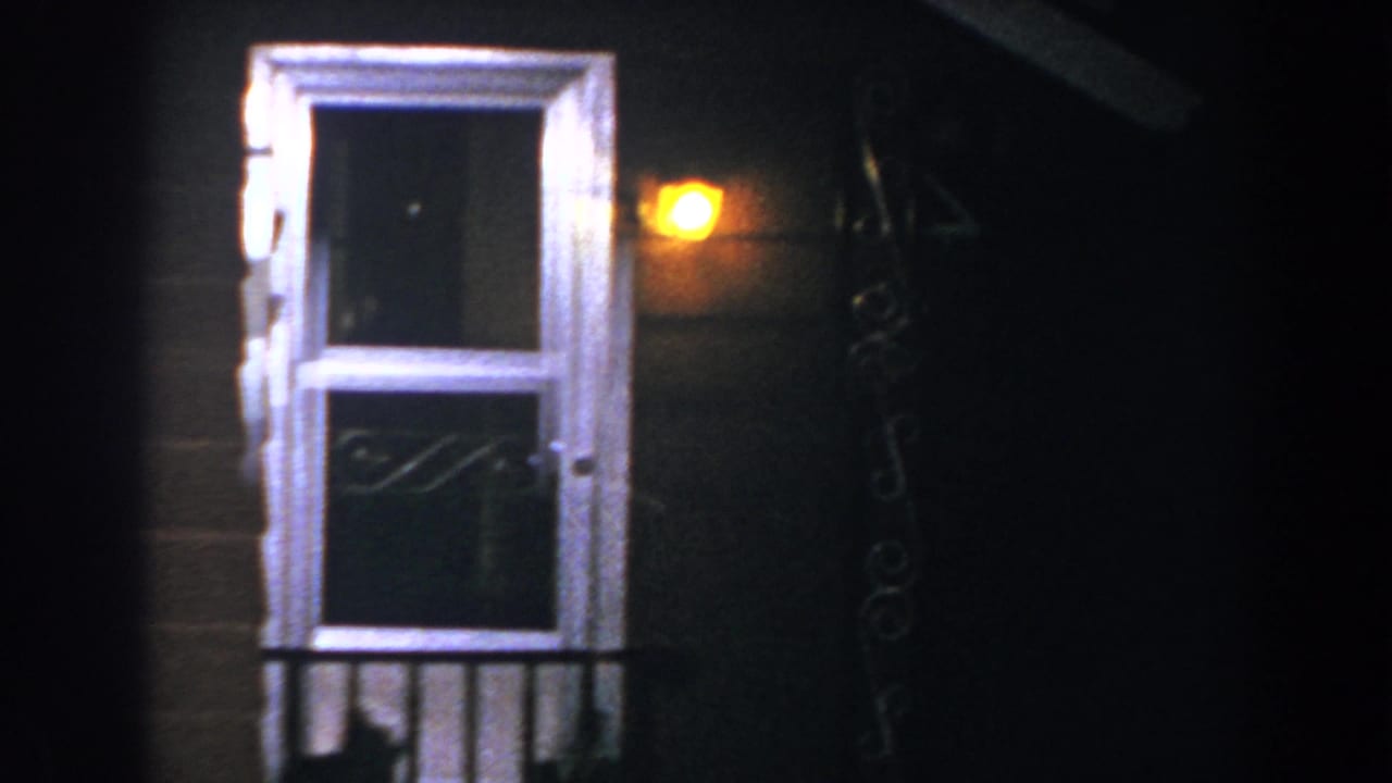 White-trimmed door and window on a dark brown house exterior.