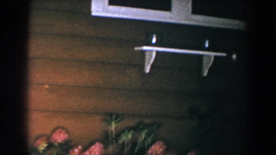 House exterior with brown siding, garden flowers, white shelf brackets, and part of a window in the 1960 Brighton clip.