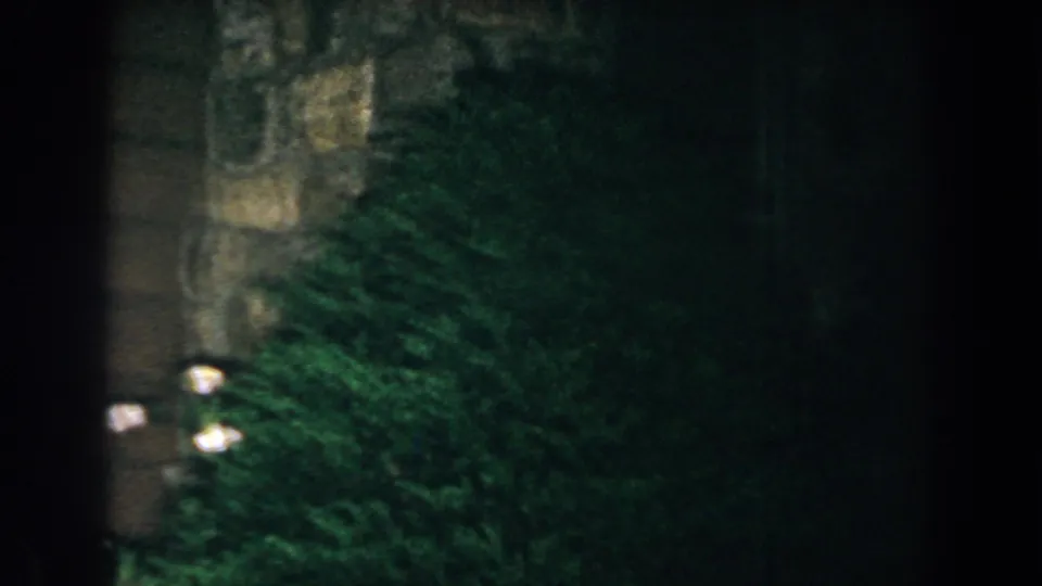 1960 Brighton, Michigan 8mm frame showing a dim stone exterior behind heavy shrubbery with small lights near the left edge.