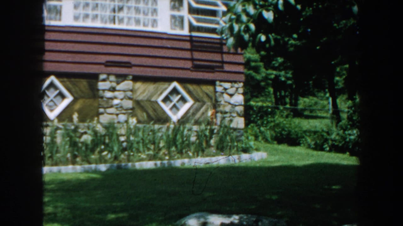 Wooden house exterior with stone pillars, diamond windows, garden plants, lawn, and trees.