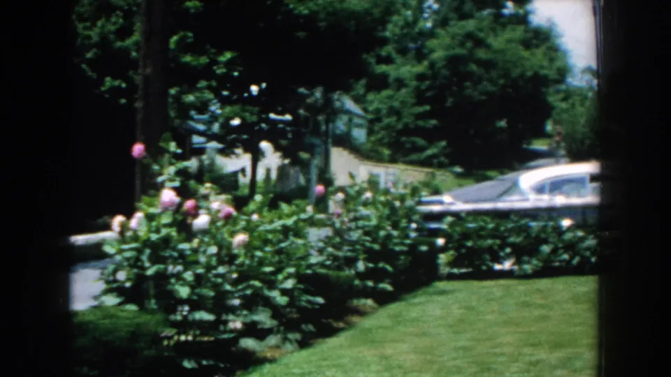 A white-roof period sedan passes behind a flowered Brighton, Michigan yard in 1960 home-movie footage.