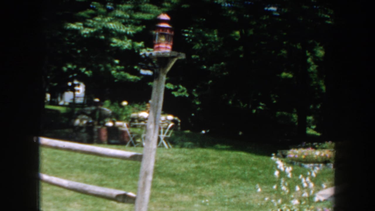 1960 Brighton, Michigan backyard view with a rustic fence, decorative lantern post, green lawn, trees, and distant patio furniture.