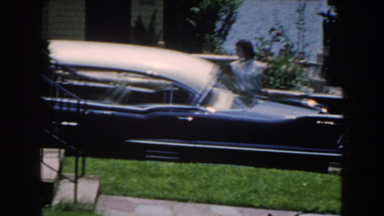 Two-tone sedan parked by a lawn with a woman standing near the driveway.
