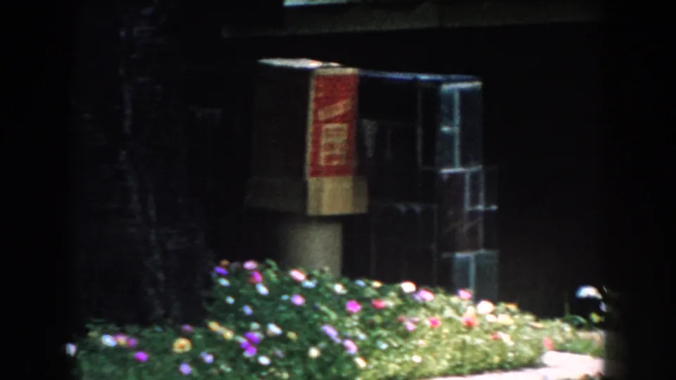 1960 Brighton, Michigan garden detail showing flowers near a shaded house wall, a red object, and dark stacked blocks.