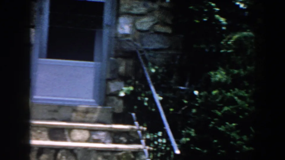 1960 Brighton, Michigan frame centered on the stone house entry, blue doors, steps, railing, and surrounding shrubs.