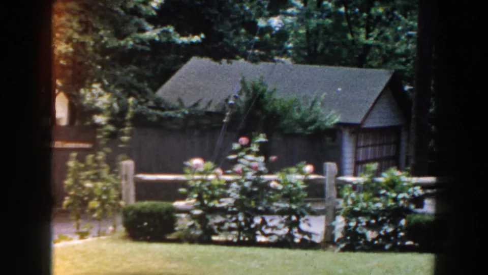 Brighton, Michigan garden scene from 1960 with a small house partly obscured by flowers, fence posts, lawn, and trees.