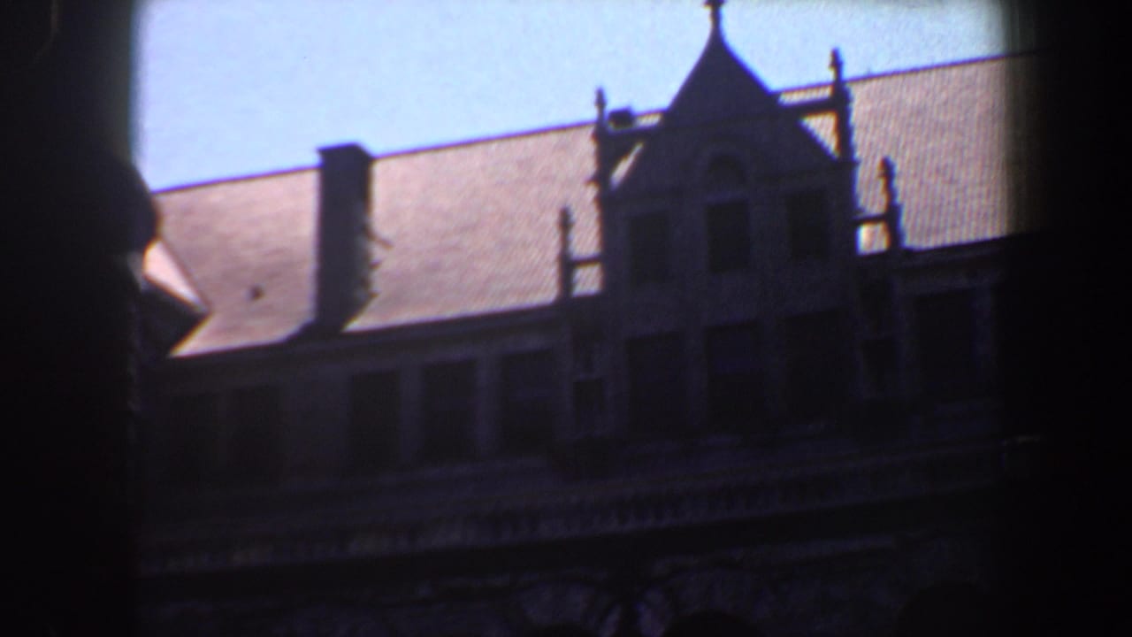 1964 Saint Louis exterior view of an ornate stone building roofline with chimneys and a tower-like section.