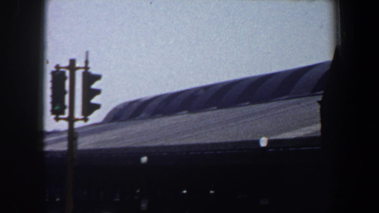 Dark foreground framing around a grey curved roof and traffic signal silhouette under a pale sky.