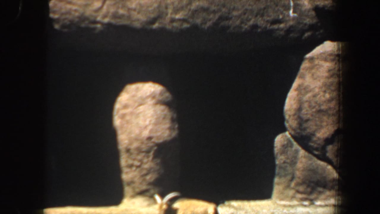 Close view of stone enclosure structure with dark film frame edges.