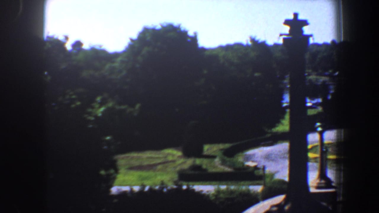 Formal garden and driveway viewed through dark vertical framing at the edge of a building.