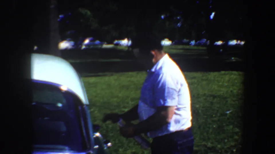 Adult man in a light shirt stands beside an open car door in a grassy Saint Louis park area, with trees and cars in the background.