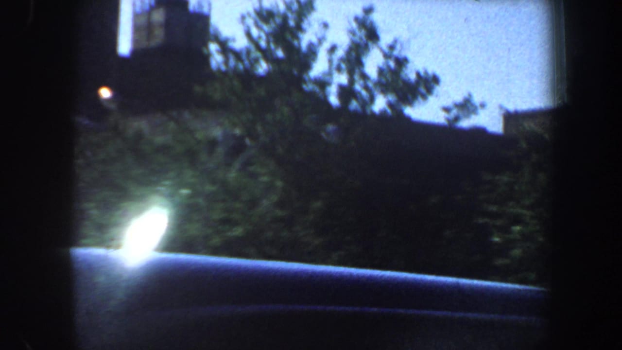 Streetlamp glows above a dark curb or car roof with trees and building silhouettes behind it.