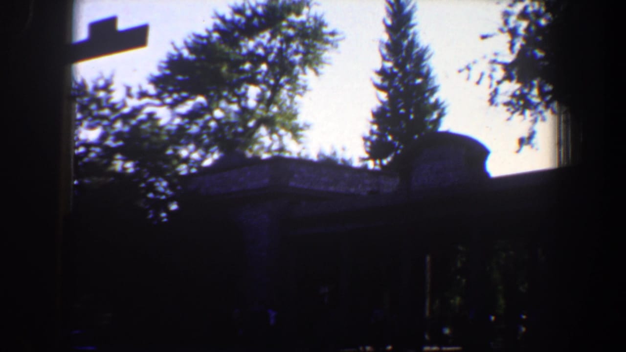 Dark building silhouette beneath trees against a bright sky.