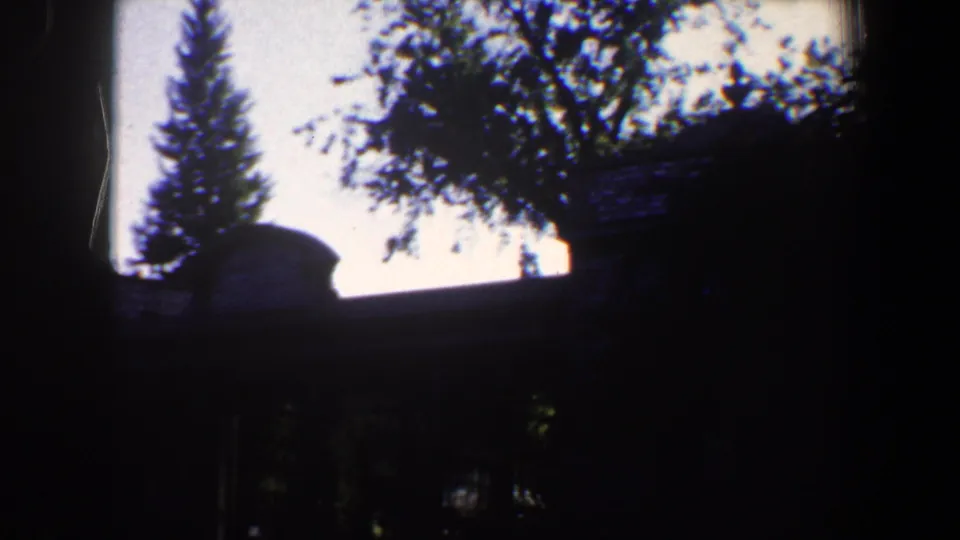 Final 1964 St. Louis frame showing the building roofline in silhouette, framed by dark branches and bright sky.