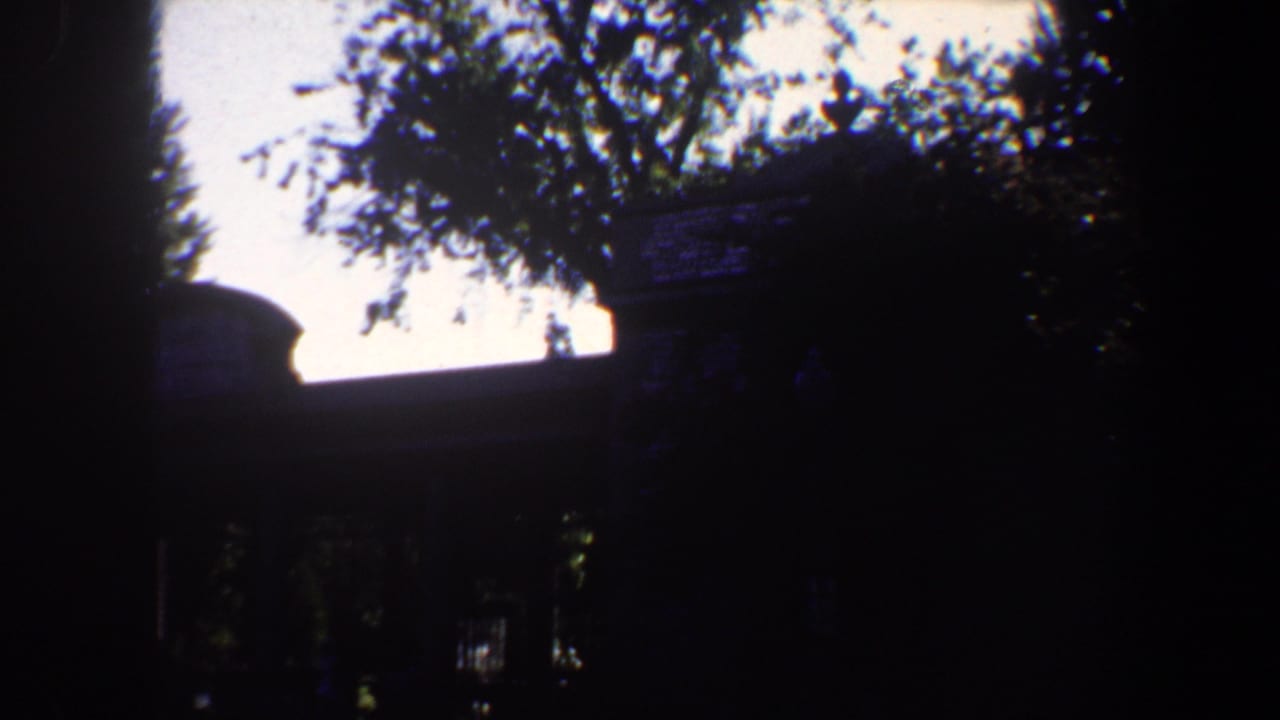 1964 Saint Louis home-movie frame with a house mostly in shadow behind tree trunks and leafy branches.