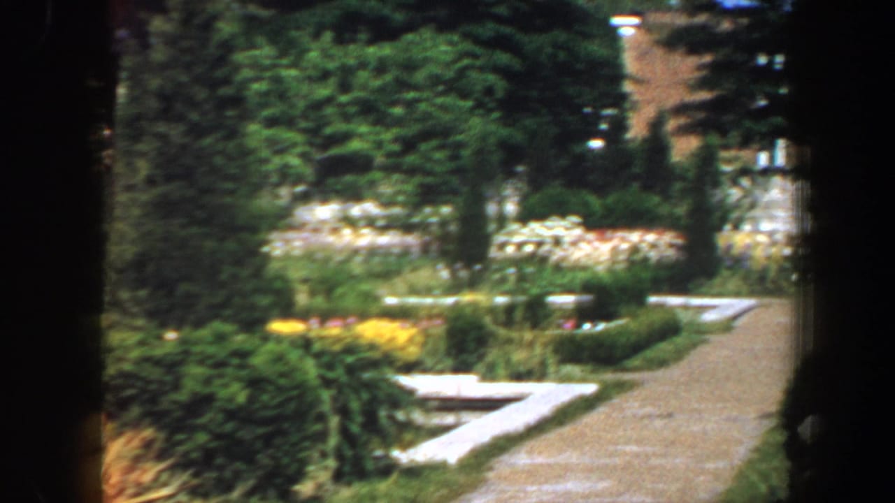 Garden path with shrubs, flower beds, mature trees, and low white stone features.