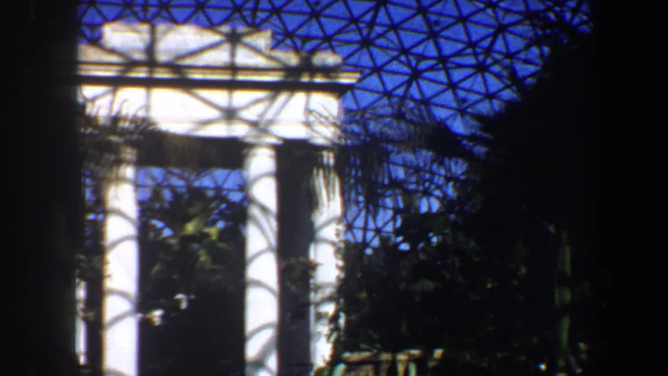 1964 Saint Louis home-movie frame showing white classical columns inside a glass-domed conservatory with tropical plants and patterned shadows.