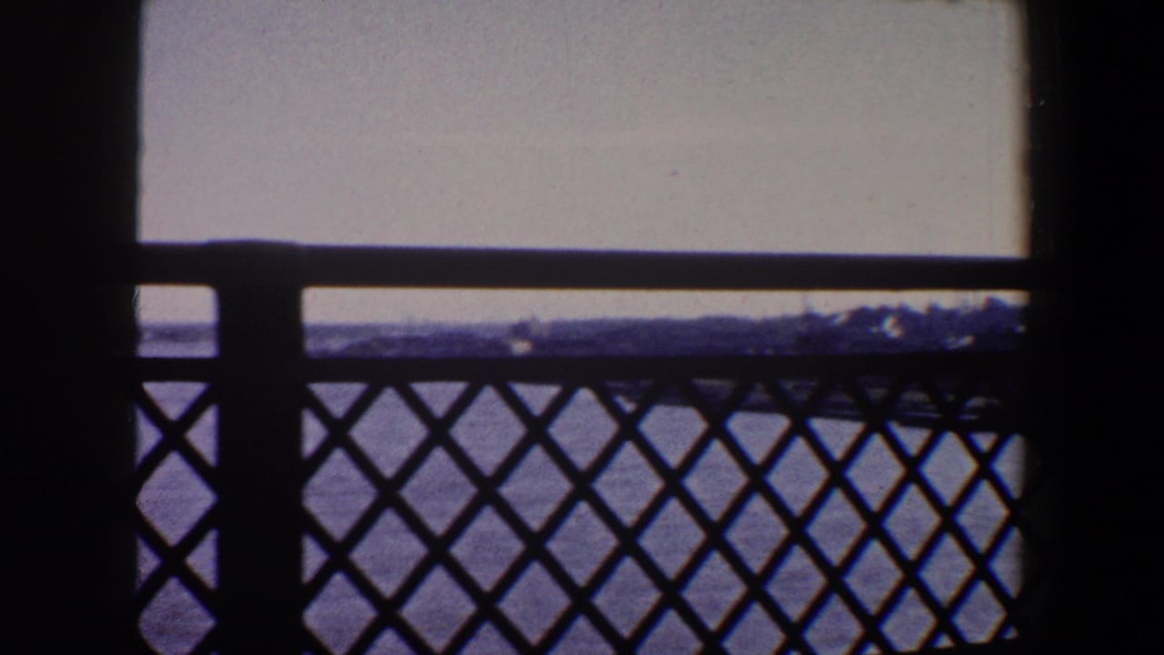 Diamond-pattern railing silhouetted against water, sky, and a distant shoreline.