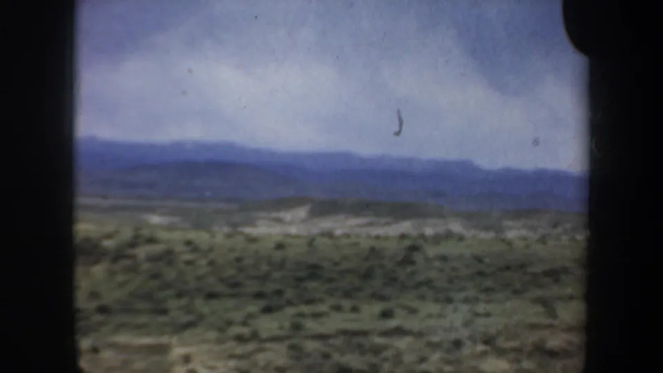 1957 Wyoming landscape showing scrub-covered ground, distant blue hills, and cloudy sky from a passenger-window view.