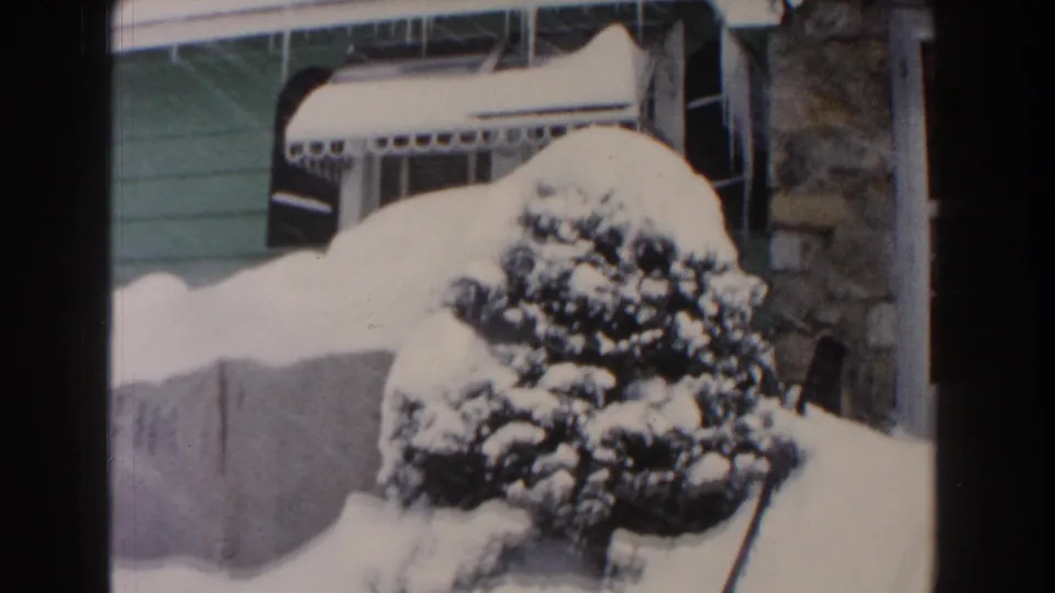 1961 Dearborn winter frame with a snow-laden evergreen in front of green siding, a striped awning, and roofline icicles.