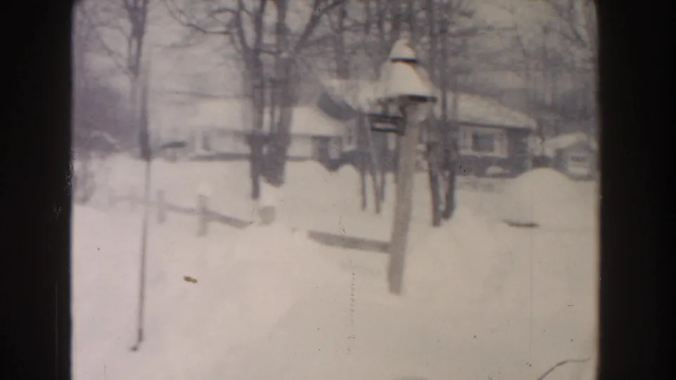 1961 Dearborn home-movie still with a snowbound backyard, a yard fixture in the foreground, and houses beyond the trees.