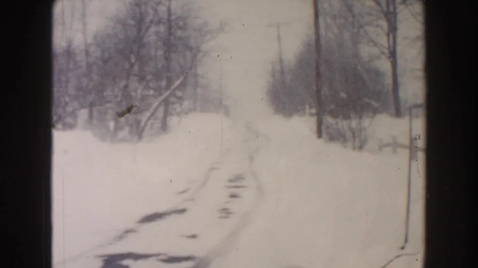 1961 Dearborn, Michigan home-movie view of a snow-covered road with visible tracks, bare trees, brush, a pole, and fencing.