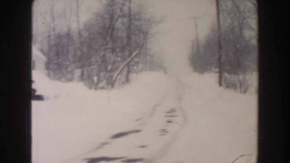 1961 Dearborn, Michigan winter street frame showing snow tracks, bare trees, brush, a utility pole, and a small residential structure.