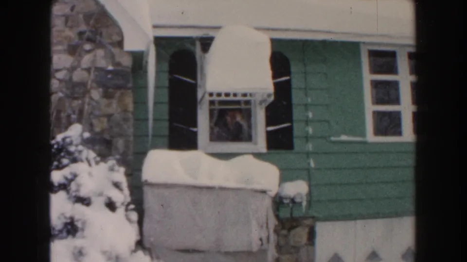 Snowy Dearborn, Michigan bungalow exterior with black shutters, stonework, and a person visible through the front window.