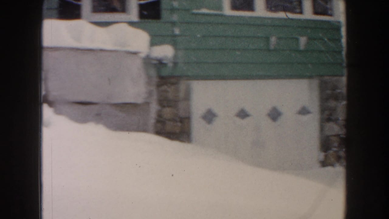 Snow-covered green house with stone accents and a white garage door.