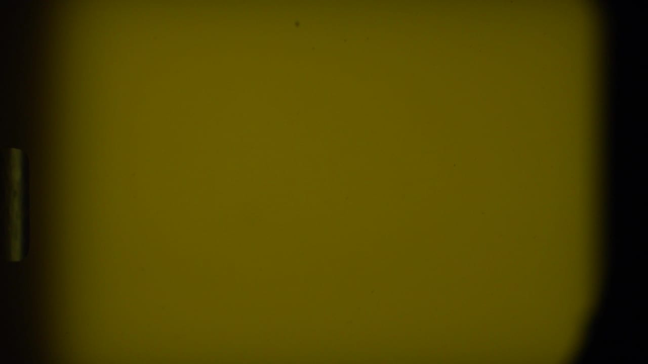 Dark film edge with a partial view of a suburban house and parked cars beyond it.