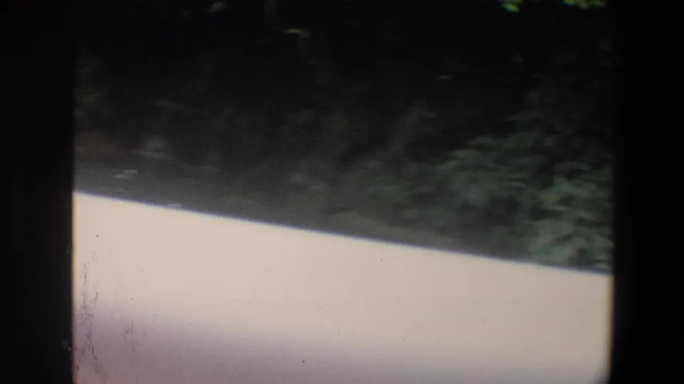 Handheld 8mm footage from the boat shows dark tropical greenery and a pale railing as the ride moves forward.