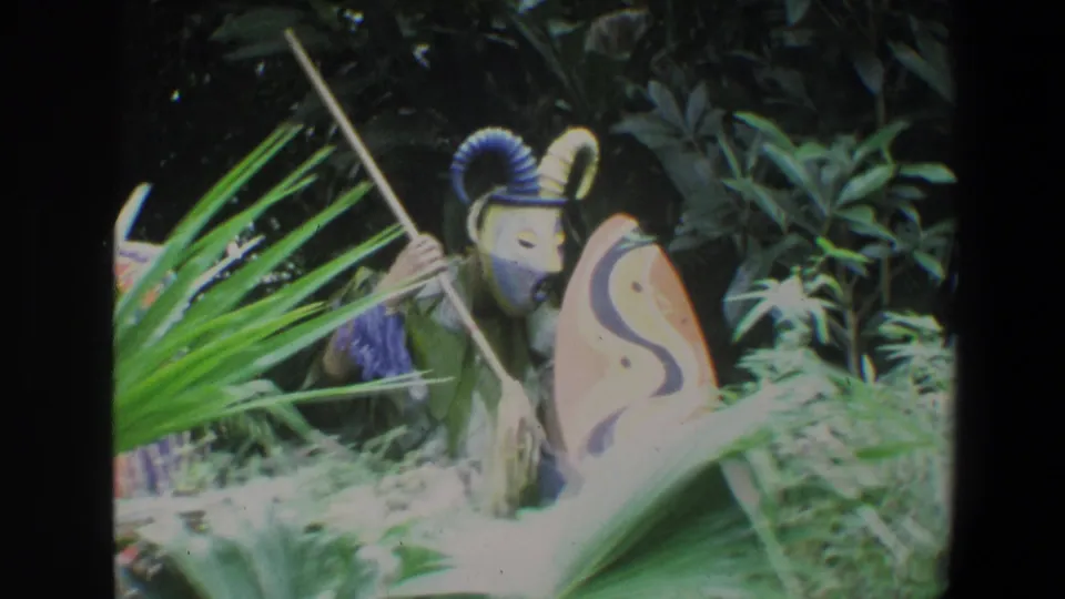1973 Walt Disney World 8mm frame showing a costumed display figure with painted shield, spear-like prop and foreground foliage.
