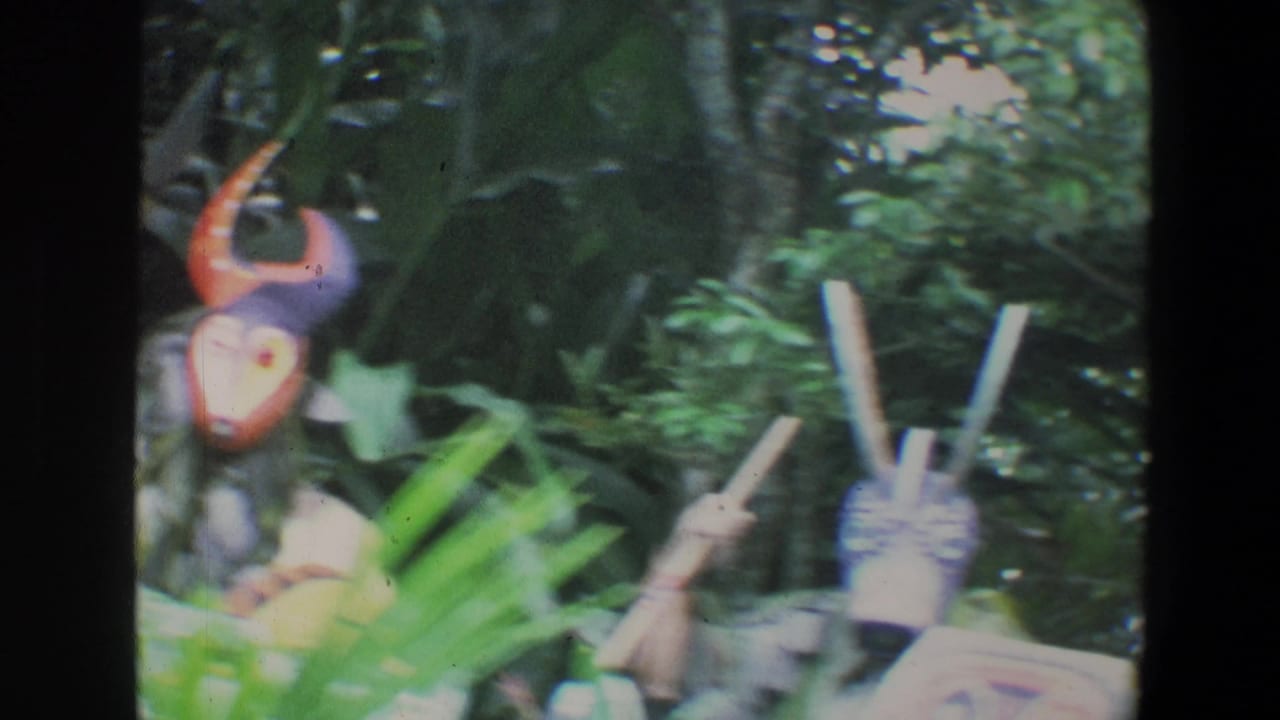 1973 Walt Disney World home-movie frame showing a mask-like jungle prop partly obscured by leaves and film-frame borders.