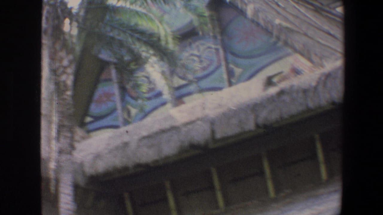 1973 Walt Disney World home-movie frame showing palms, thatched roofing, and painted Polynesian-style exterior panels.