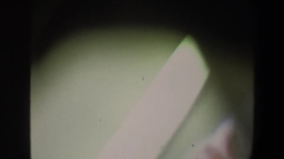 Obscured 1973 Walt Disney World home-movie frame showing a pale diagonal form against a dim greenish background.