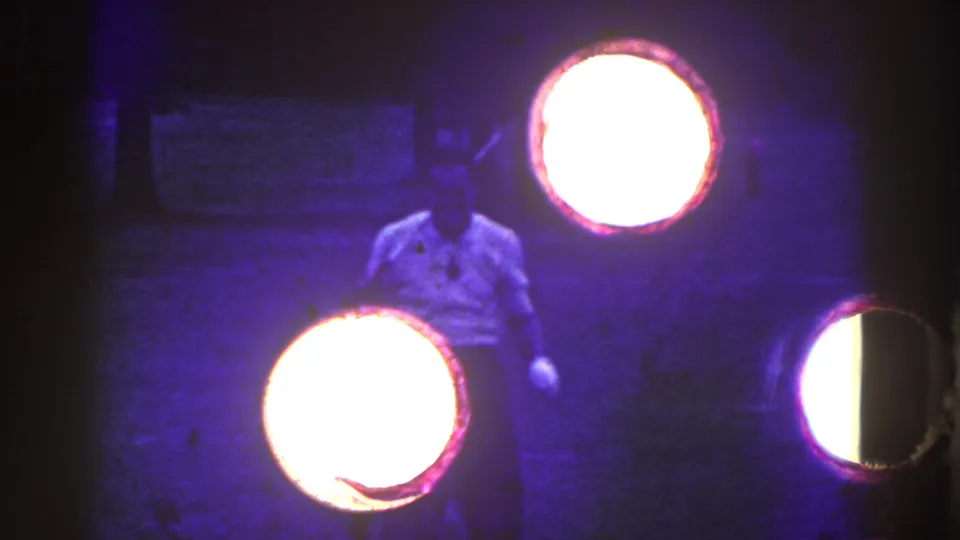The final frame shows the golfer partly hidden by bright circular flare artifacts, with the field still visible behind him.