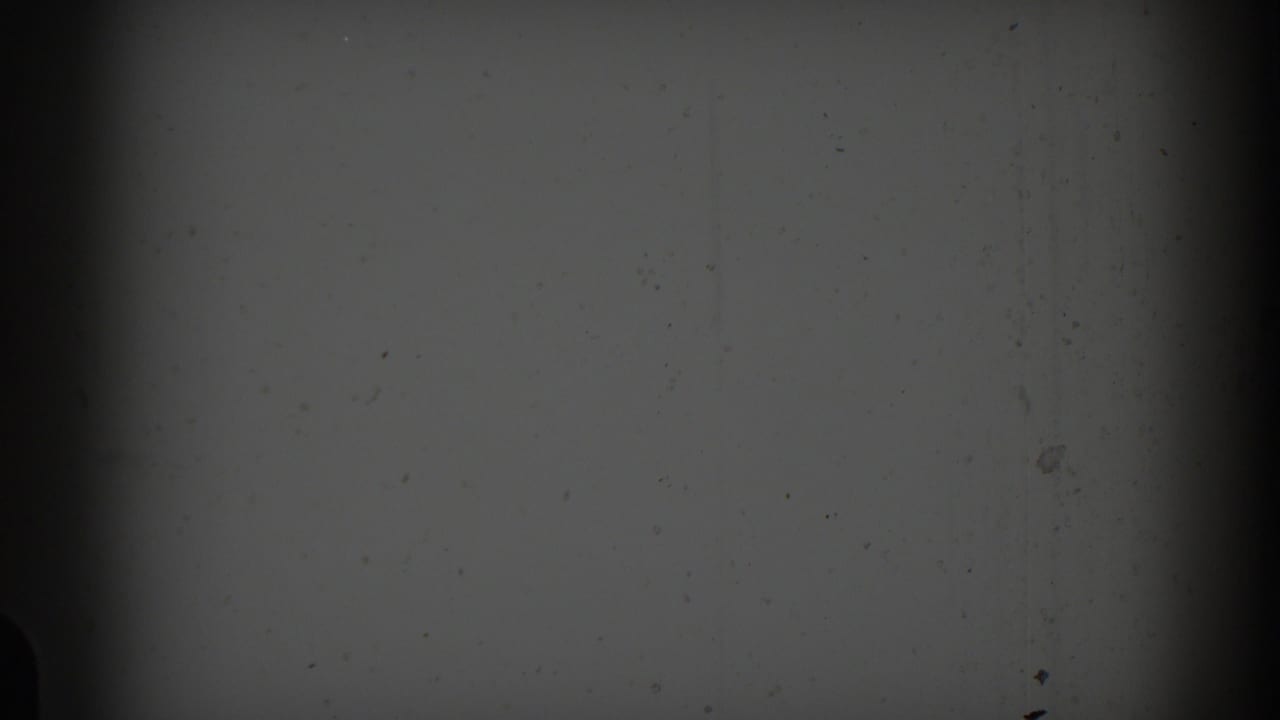 8mm contact-sheet frame with gray exposure, dark gate or frame bands, and visible dust before the boat footage resumes.